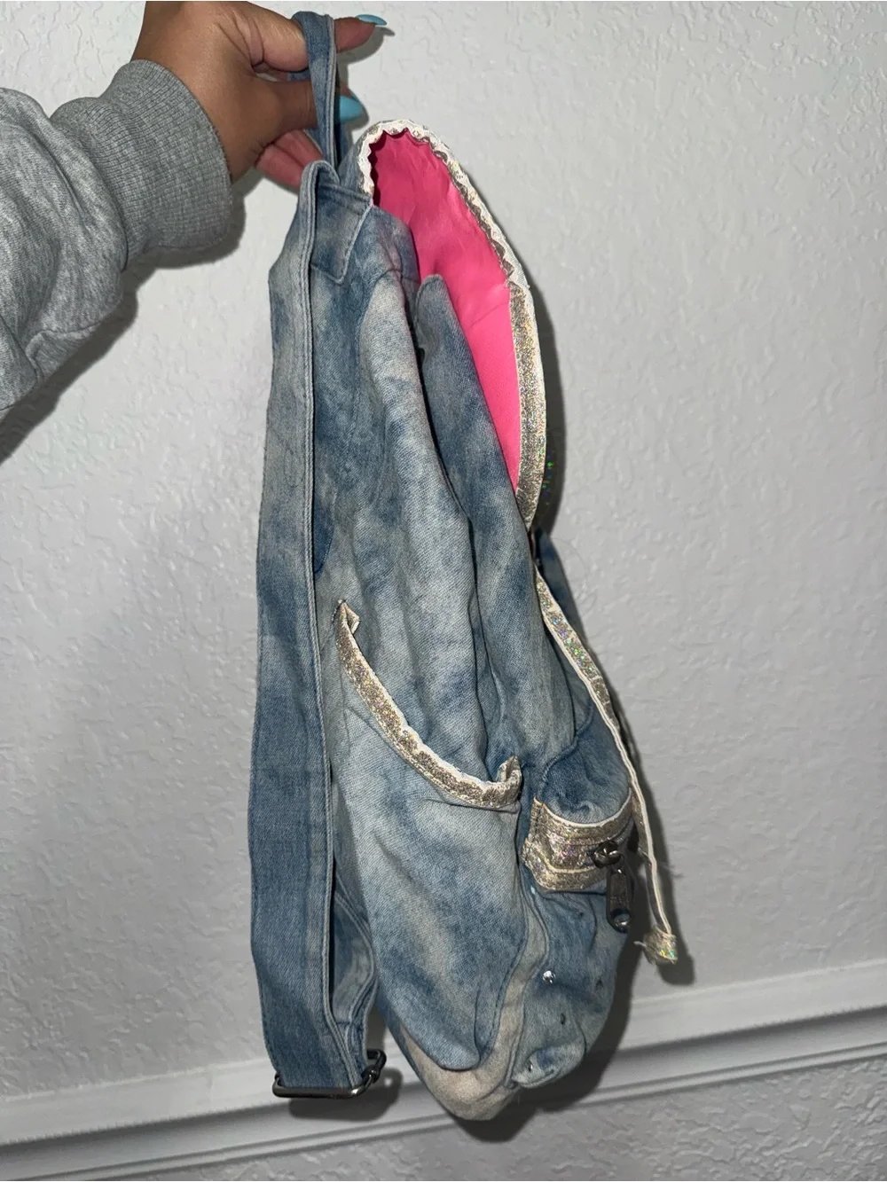 Justice Denim Blue Rhinestone Drawstring Backpack with Holographic Trim